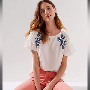 Loft Women's Top White Blue Floral Embroidery Boho Ruffle Sleeve SP